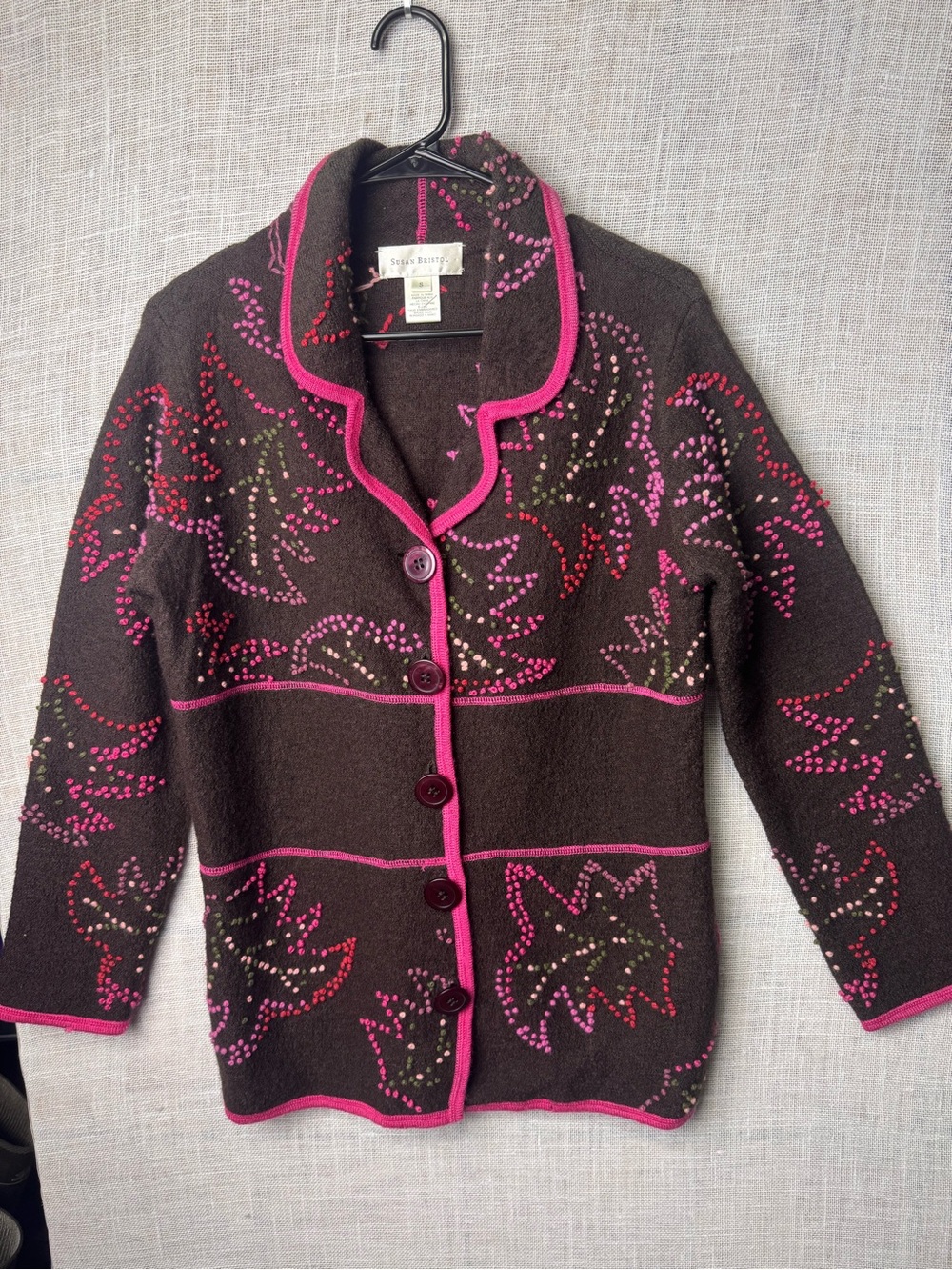 Susan Bristol Brown Knit Women’s Wool Jacket with Pink Trim